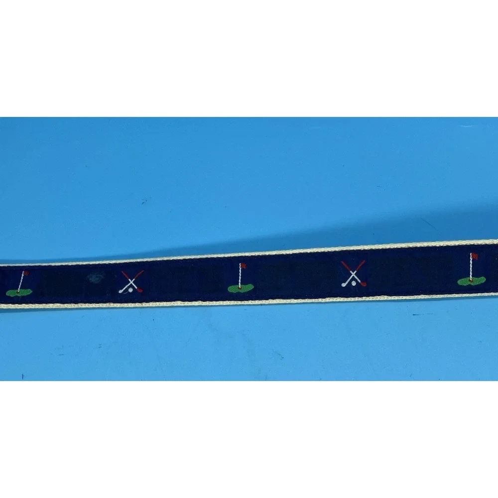 Lady Canterbury Belt Blue Golf Ribbon on White Cotton Web w/ Leather Tabs. Sz36
